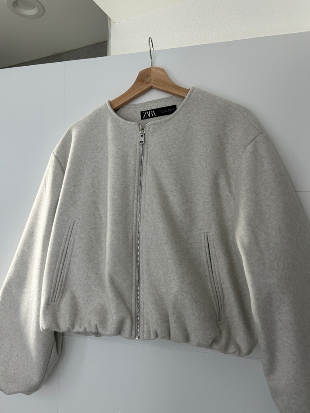 Zara Light Gray Cropped Zip Bomber Jacket